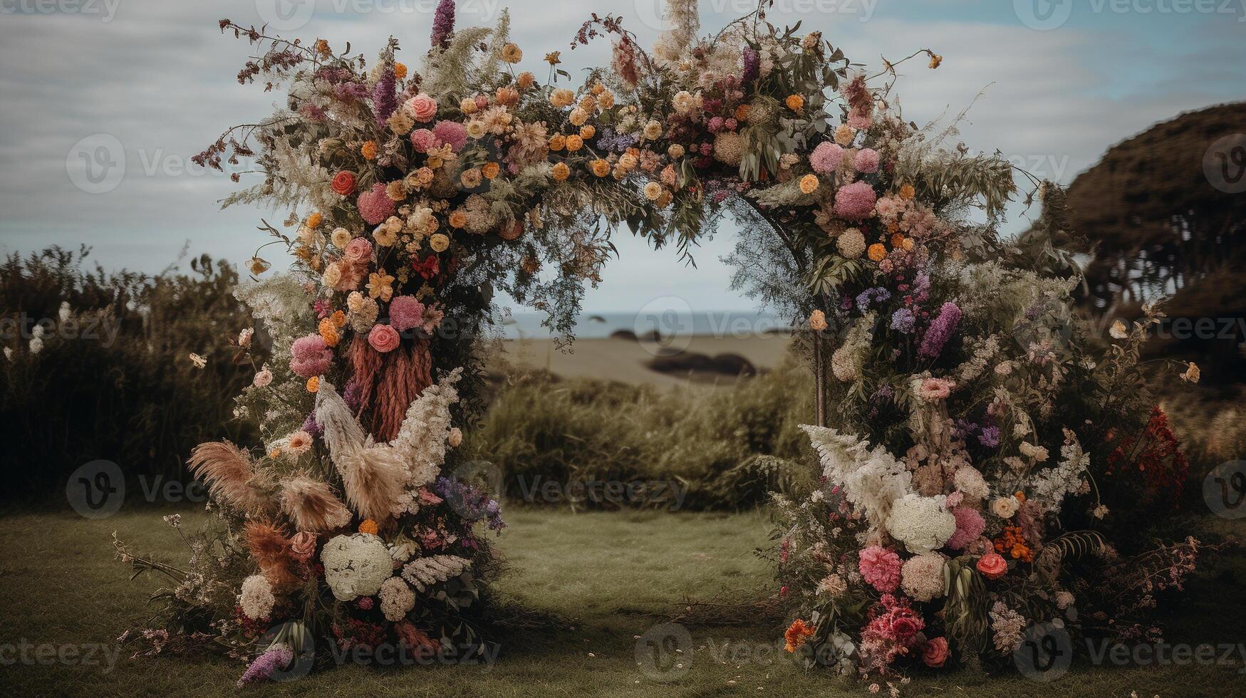 , Wedding ceremony boho rustic style arch with flowers and plants, flower bouquets. photo