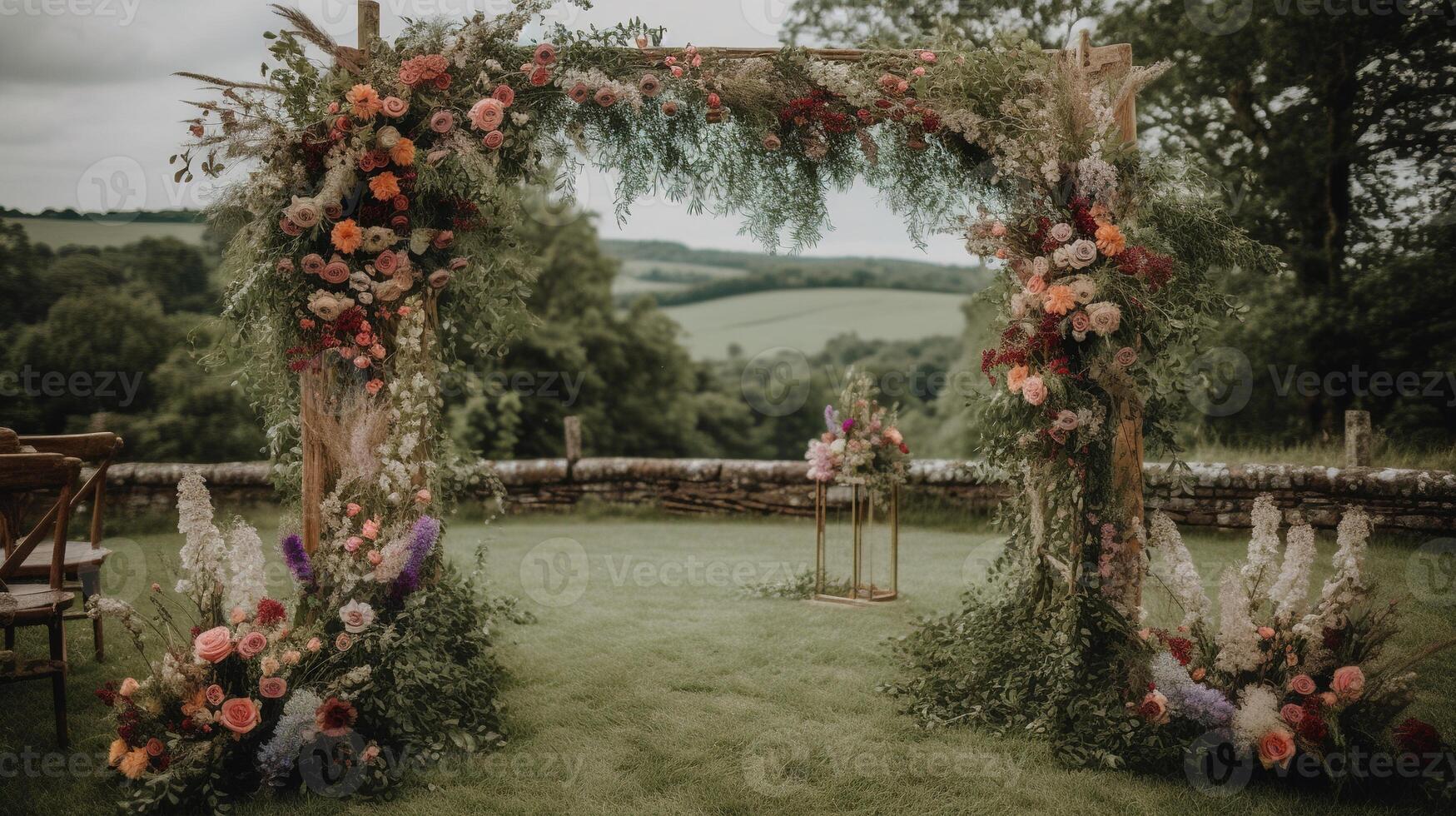 , Wedding ceremony boho rustic style arch with flowers and plants, flower bouquets. photo