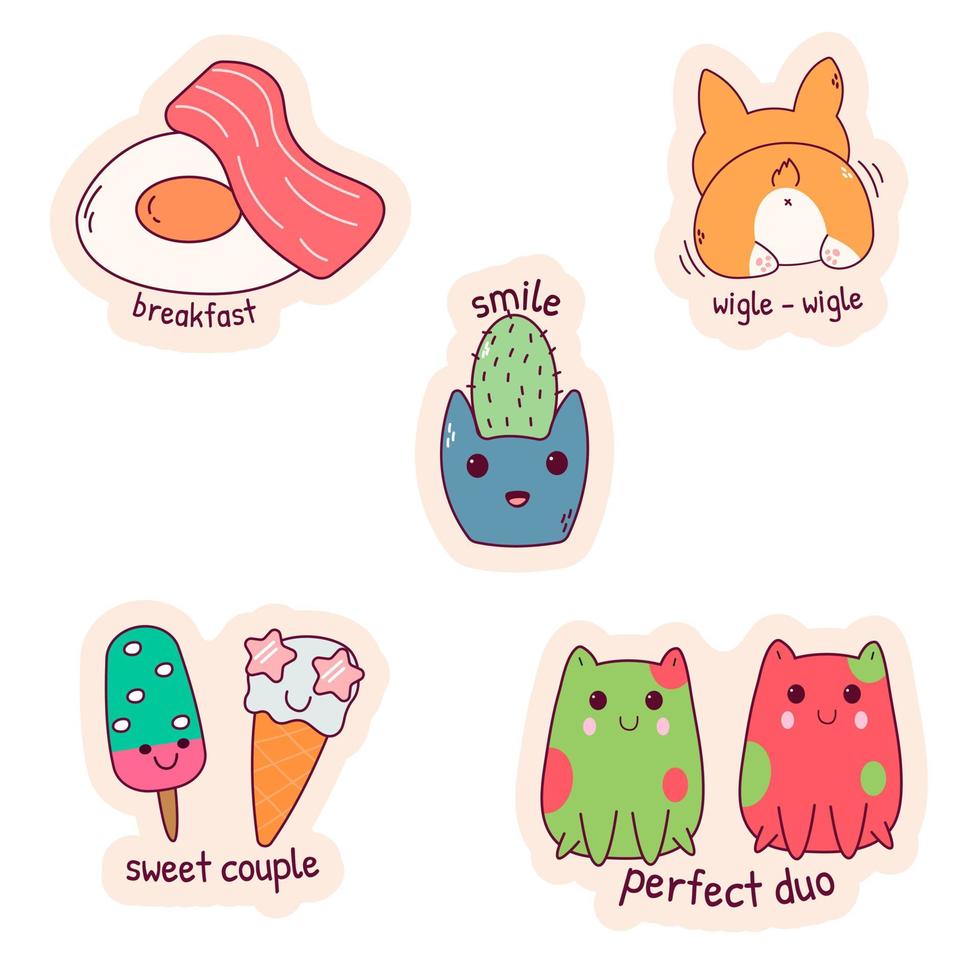 Set of cartoon kawaii sticker. vector illustrator