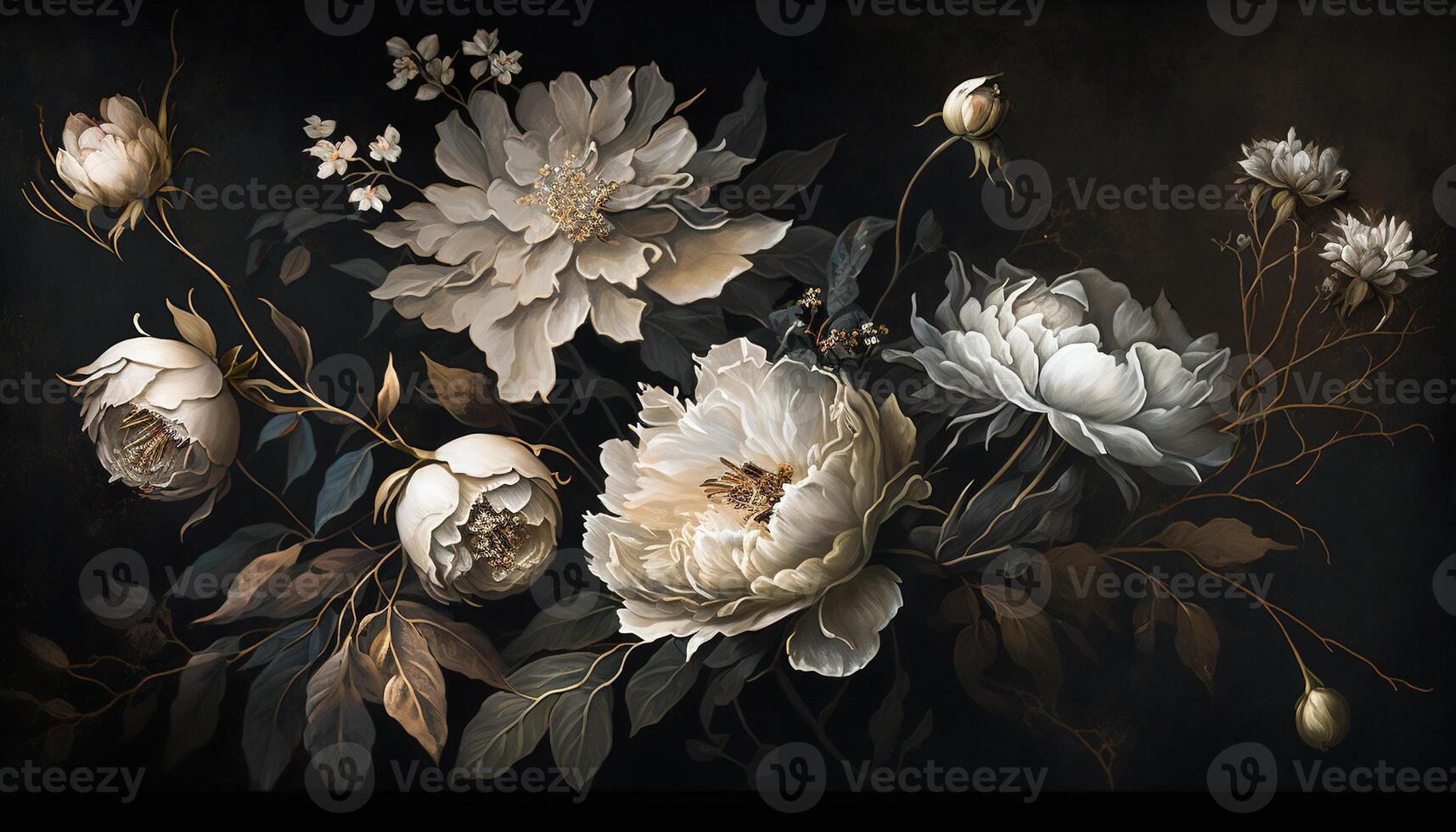 , Close up of blooming flowerbeds of amazing white and golden flowers on dark moody floral textured background. Photorealistic effect. photo