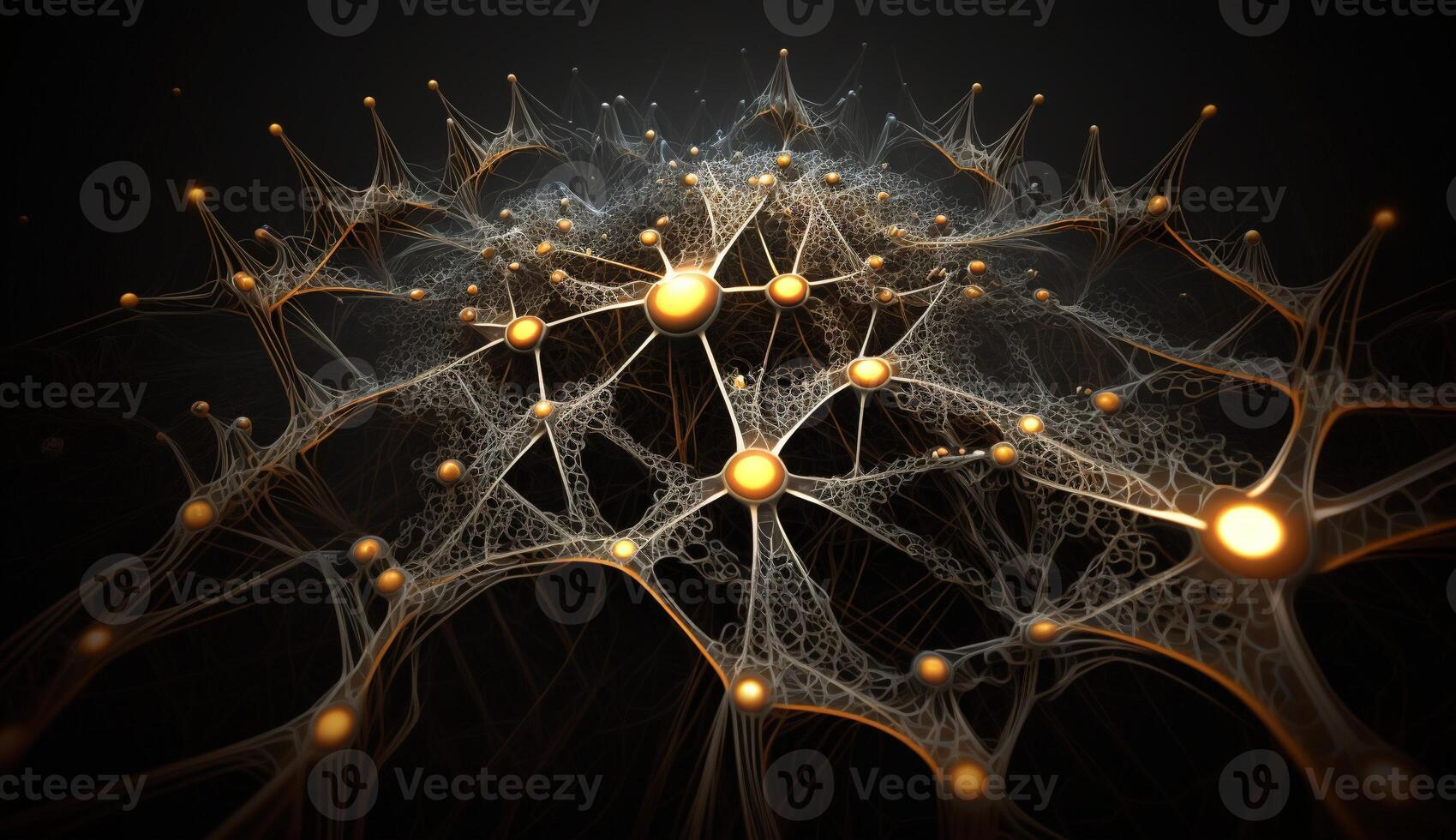 , Conceptual illustration of neuron cells with glowing link knots in abstract dark space, high resolution. Human nervous system, neural network photo