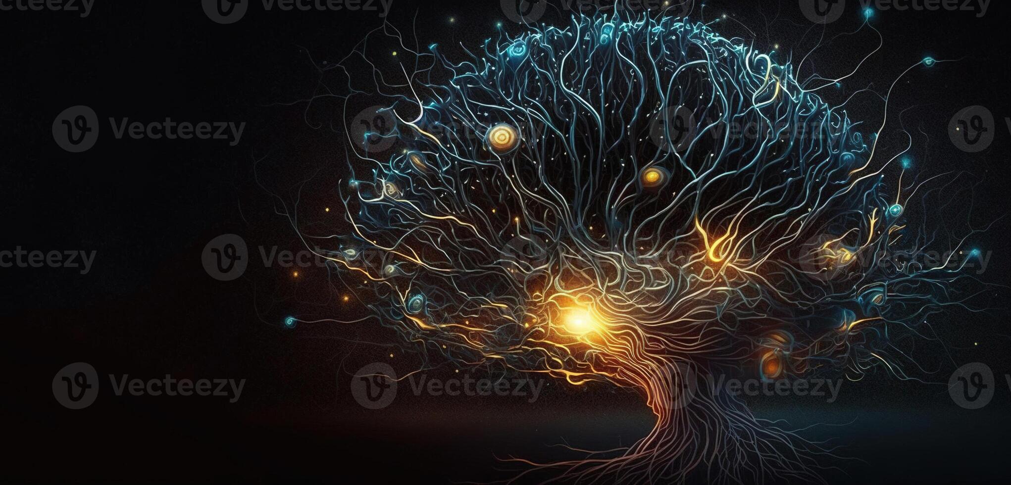 , Conceptual illustration of neuron cells with glowing link knots in abstract dark space, high resolution. Human nervous system, neural network photo