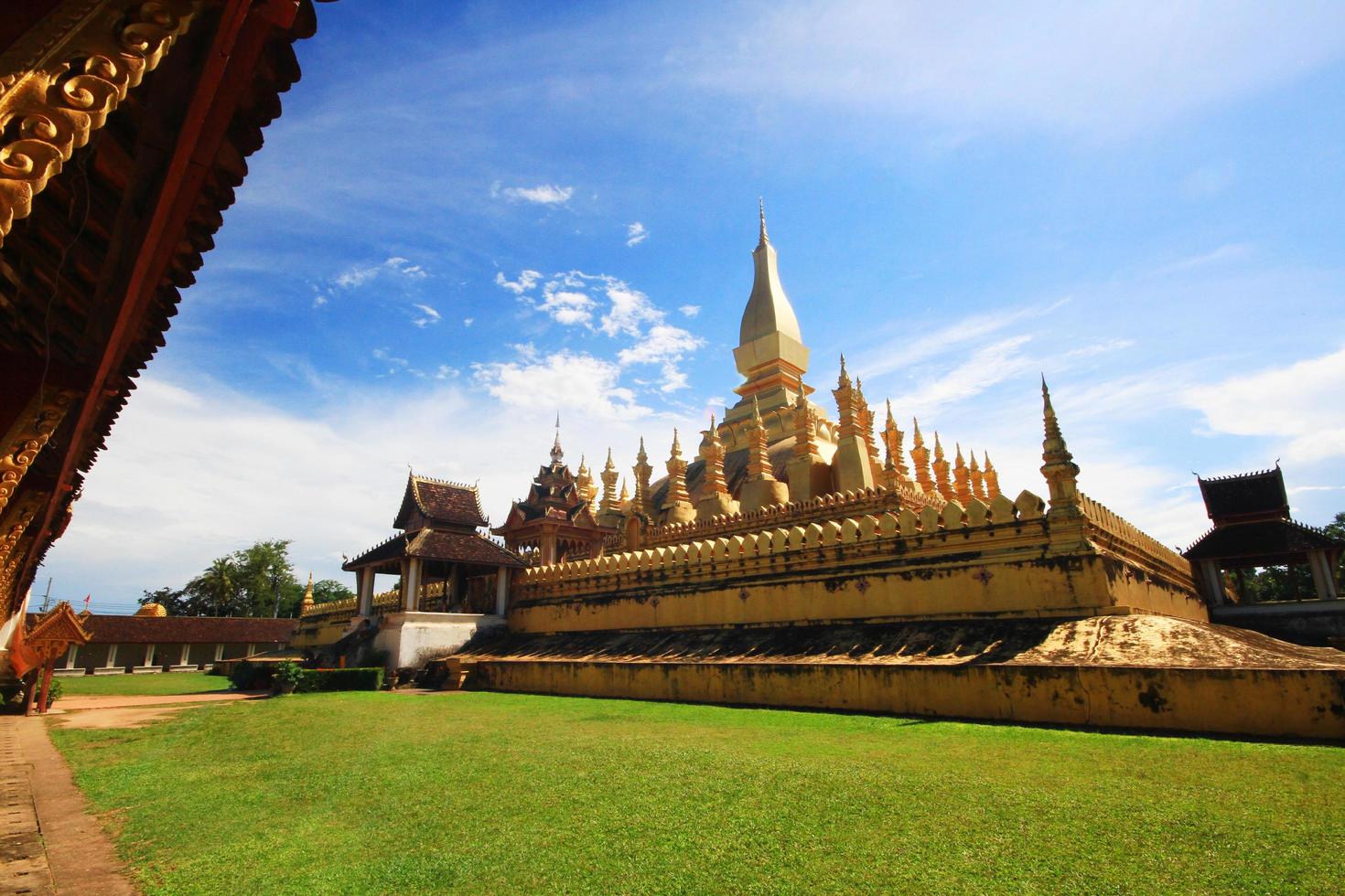 Beautiful great golden Pagoda at Wat Pha That Luang Temple at Vientiane province, Laos photo