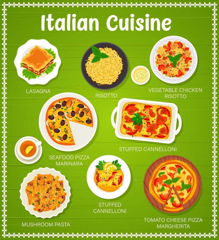 italiano cocina menú, restaurante comida almuerzo platos vector