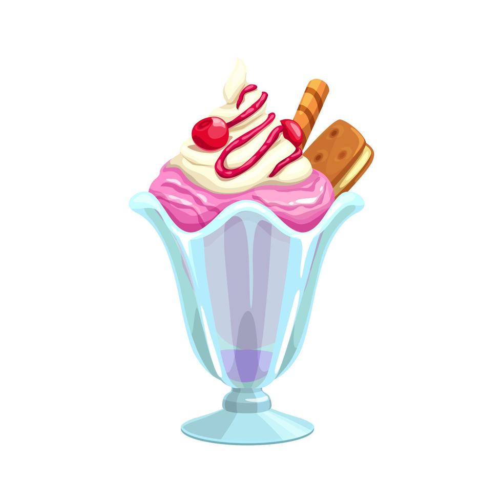 Cartoon ice cream, strawberry sundae in glass cup vector