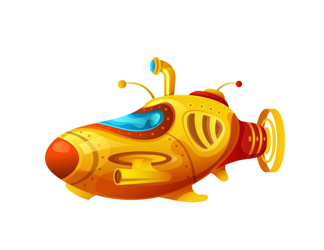 Cartoon yellow submarine, underwater bathyscaphe vector