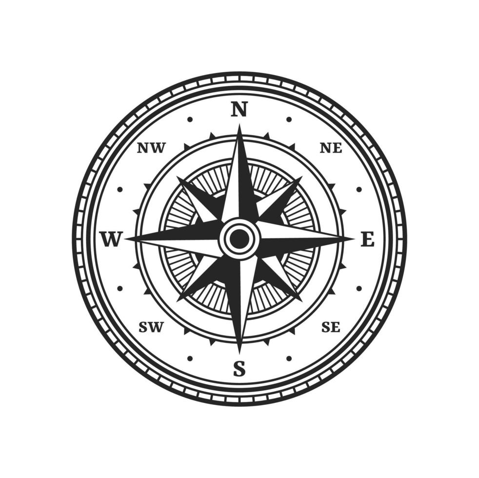 Old compass, vintage map wind rose navigation sign vector