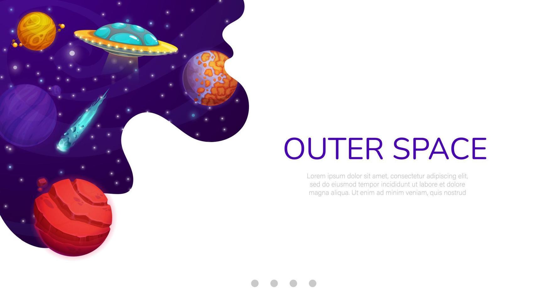 Landing page, space, cartoon galaxy planets, UFO vector