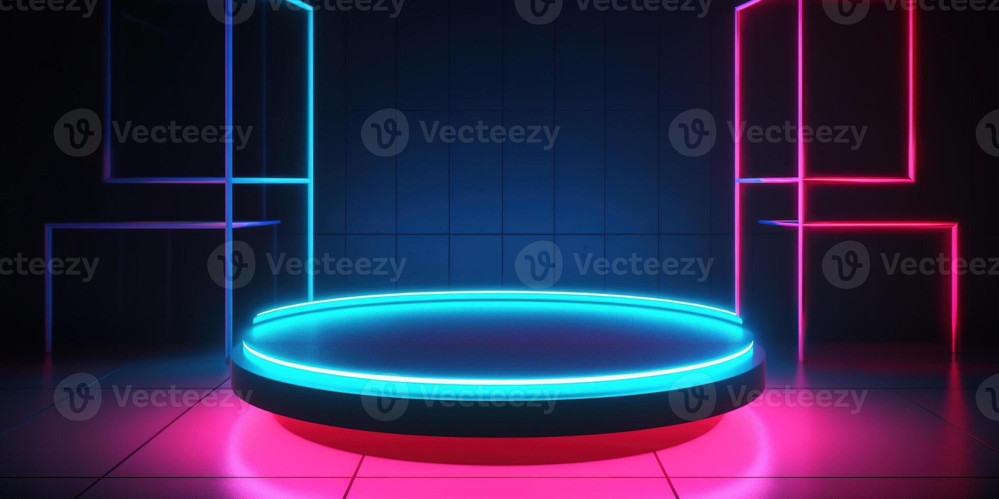 , Sci-Fi Futuristic neon glowing banner with podium. Abstract cyberpunk background for promotion goods. Mockup template photo