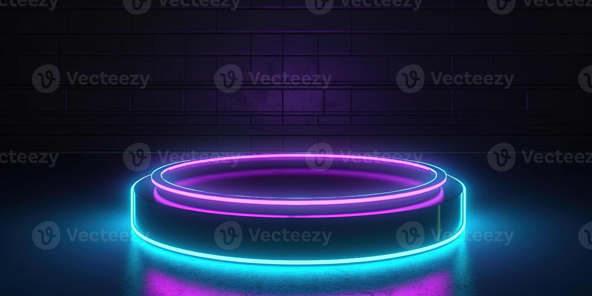 , Sci-Fi Futuristic neon glowing banner with podium. Abstract cyberpunk background for promotion goods. Mockup template photo