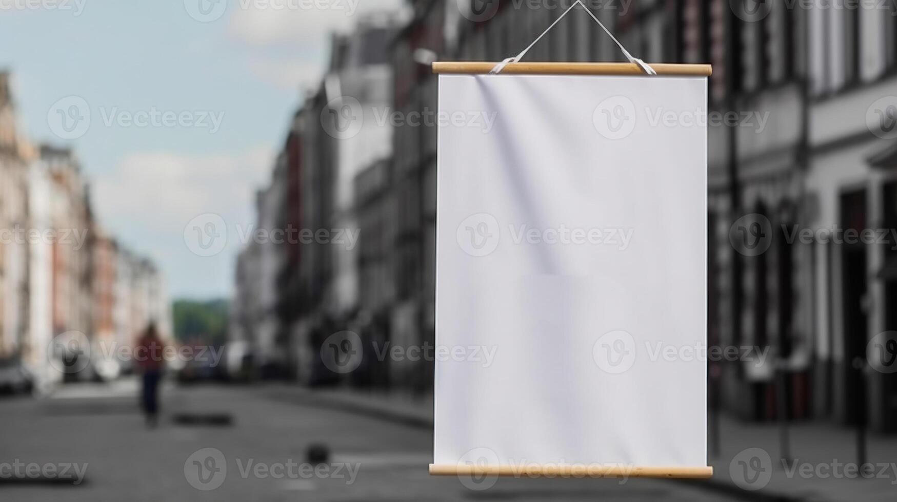 , Realistic white poster mock up blank on minimalistic background, artwork template photo