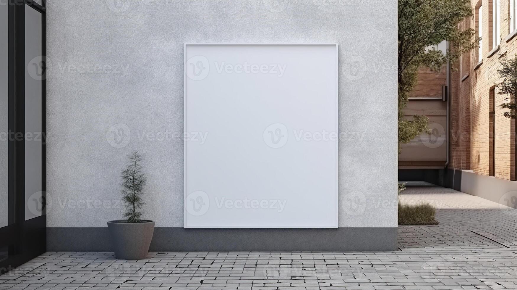 , Realistic white poster mock up blank on minimalistic background, artwork template photo