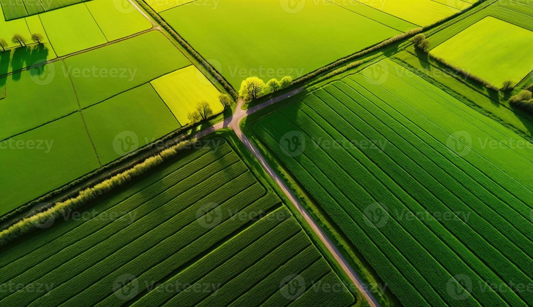 , Farm landscape, agricultural fields, beautiful countryside, country road. Nature Illustration, photorealistic top view drone, horizontal banner. photo