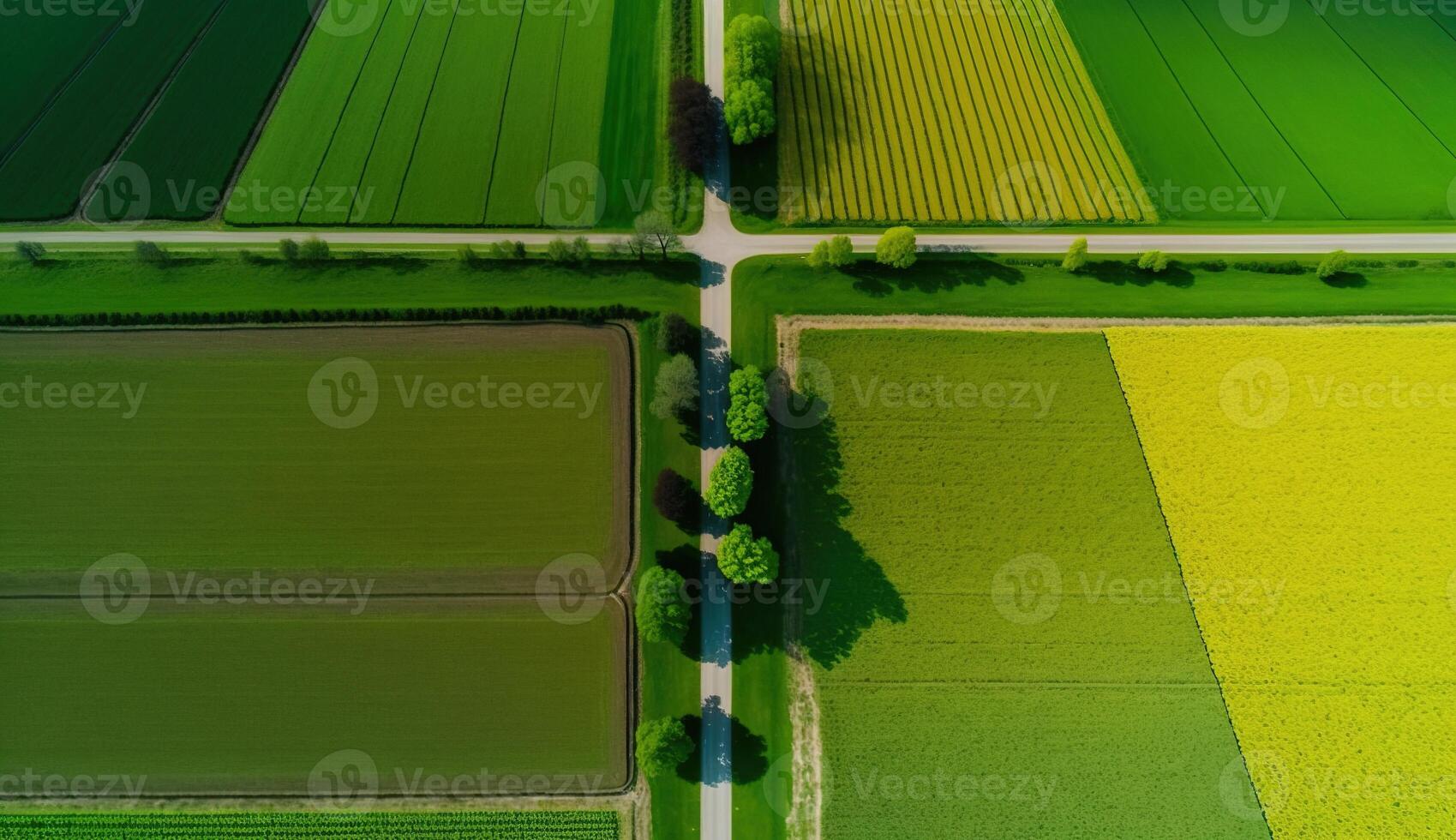 , Farm landscape, agricultural fields, beautiful countryside, country road. Nature Illustration, photorealistic top view drone, horizontal banner. photo
