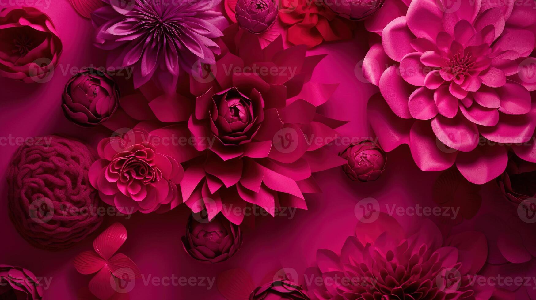 , Paper cut craft flowers and leaves, viva magenta color, floral origami textured background, spring mood. Photorealistic effect. photo