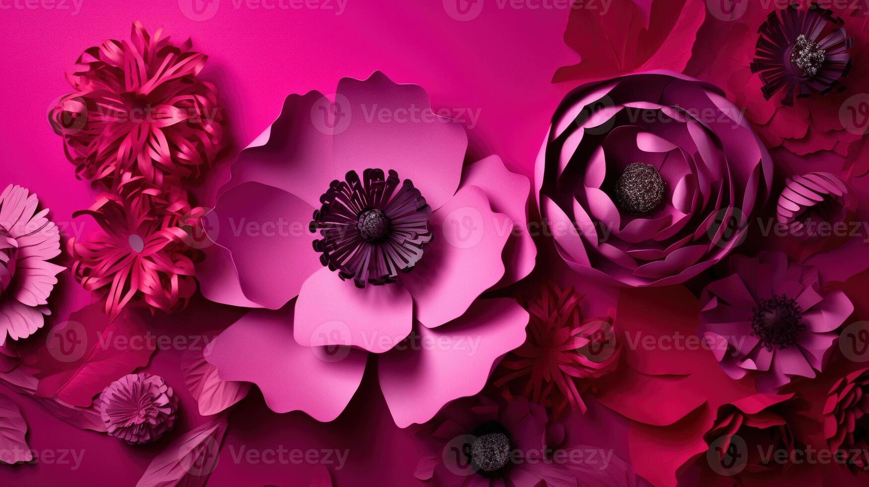 , Paper cut craft flowers and leaves, viva magenta color, floral origami textured background, spring mood. Photorealistic effect. photo