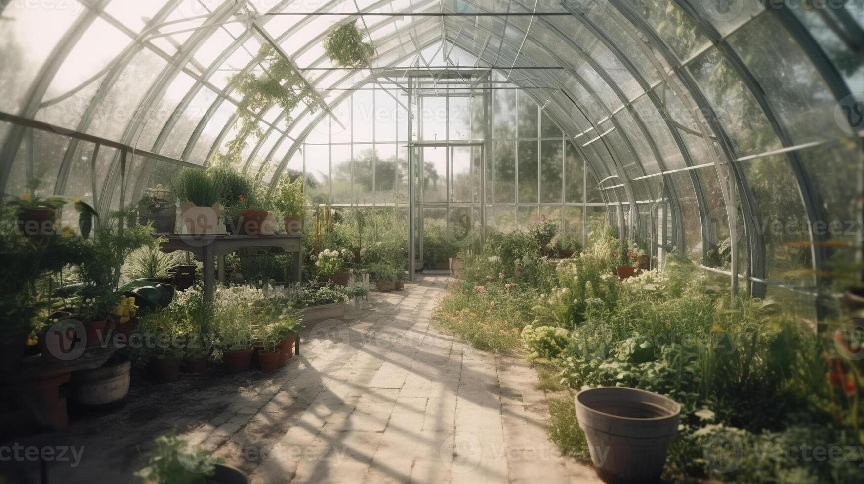 , Green house from the glass, tent-glass garden with a lot of plants. Photorealistic effect. photo