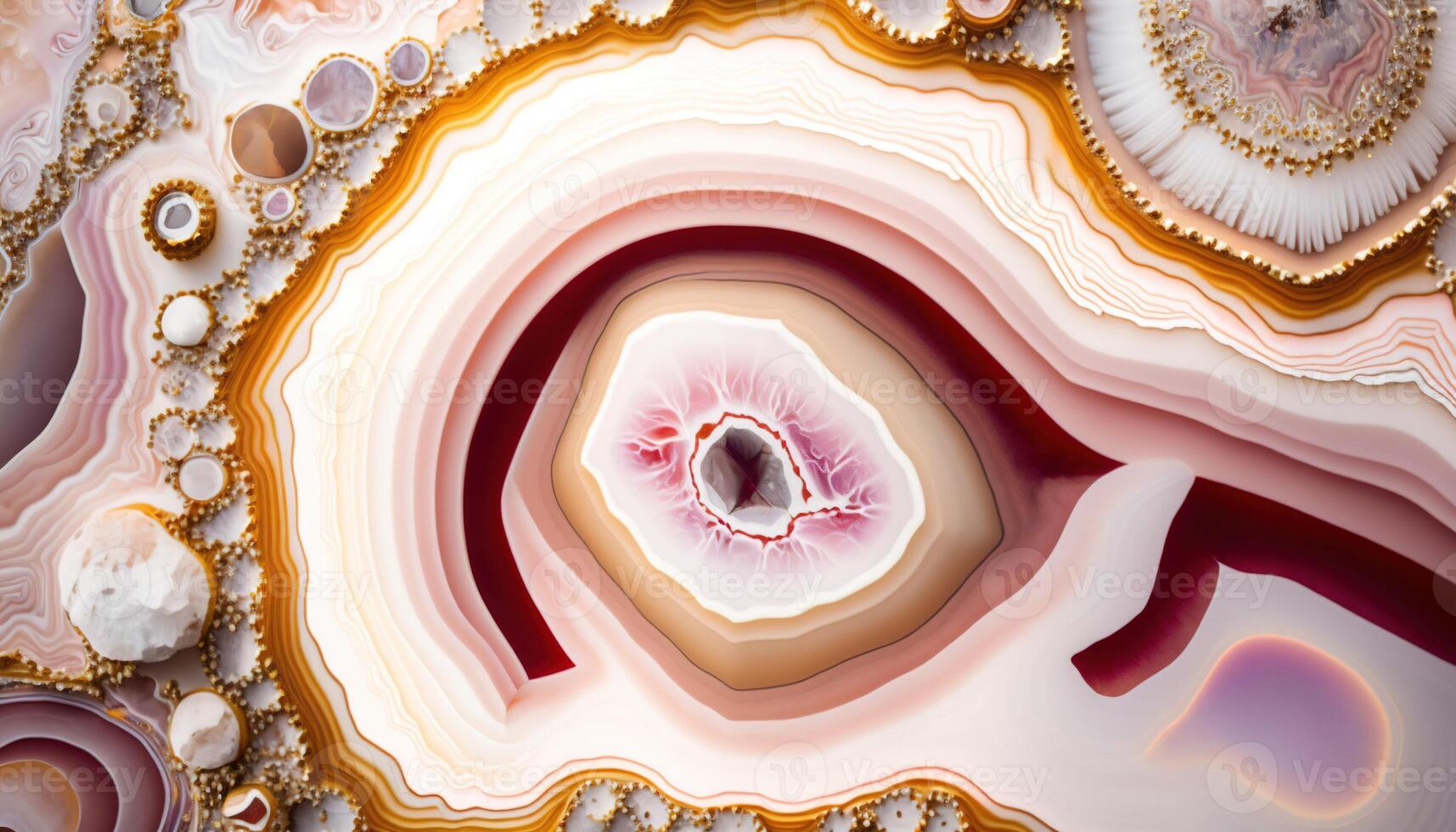 , natural volcanic agate stones close-up light pink magenta and golden texture. Wallpaper background, quartz marble, decorative rock pattern photo