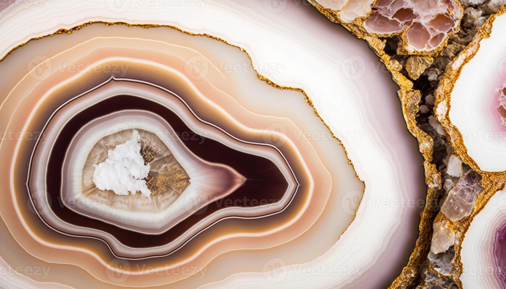 , natural volcanic agate stones close-up light pink magenta and golden texture. Wallpaper background, quartz marble, decorative rock pattern photo