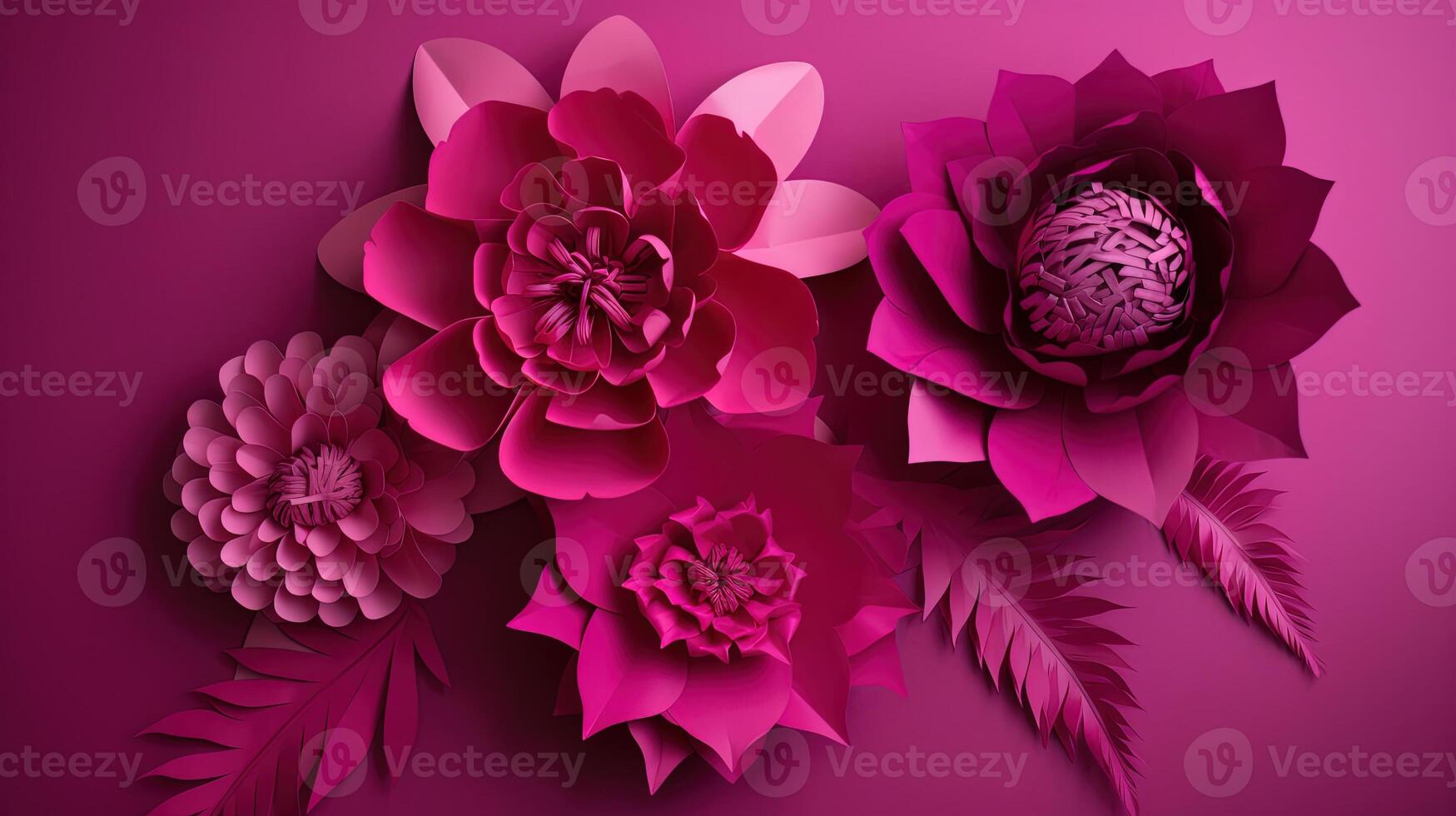 , Paper cut craft flowers and leaves, viva magenta color, floral origami textured background, spring mood. Photorealistic effect. photo
