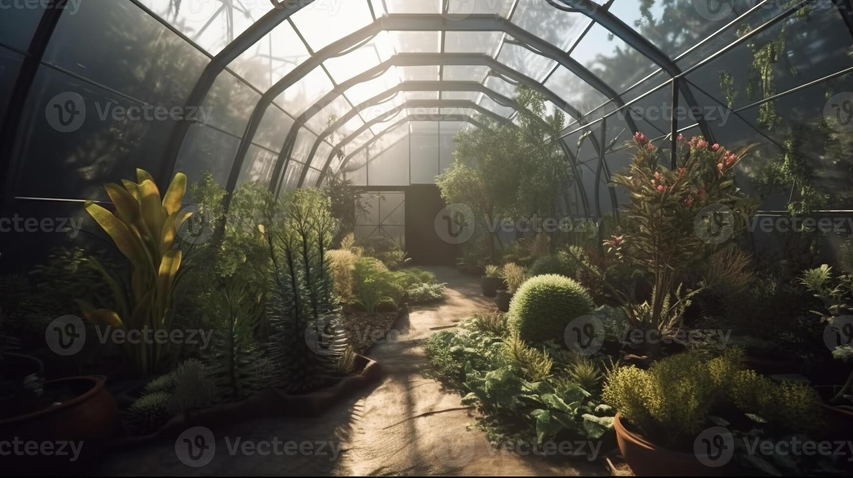 , Green house from the glass, tent-glass garden with a lot of plants. Photorealistic effect. photo