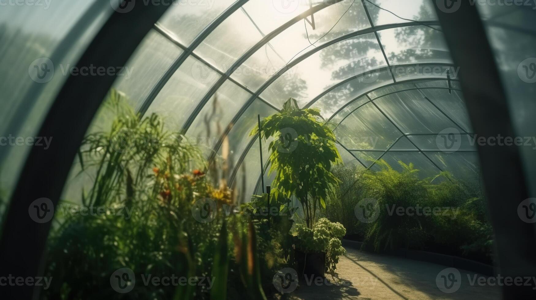 , Green house from the glass, tent-glass garden with a lot of plants. Photorealistic effect. photo