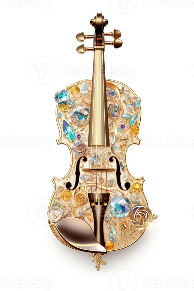 , beautiful musical instrument violin, brooch, opal stone and golden color palette isolated on white background. Bijouterie, jewelry close up photo