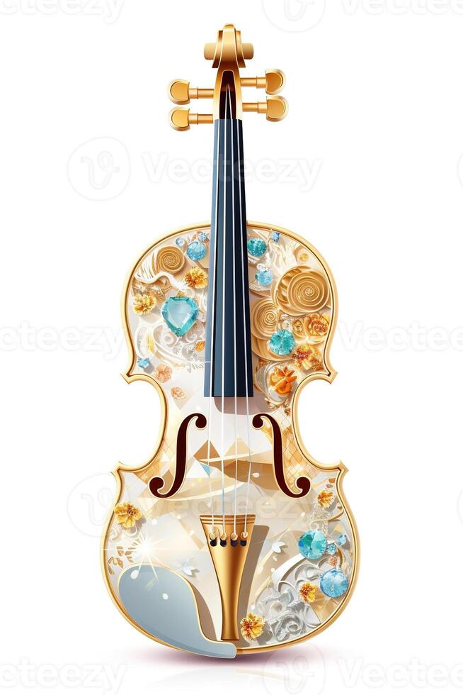 , beautiful musical instrument violin, brooch, opal stone and golden color palette isolated on white background. Bijouterie, jewelry close up photo