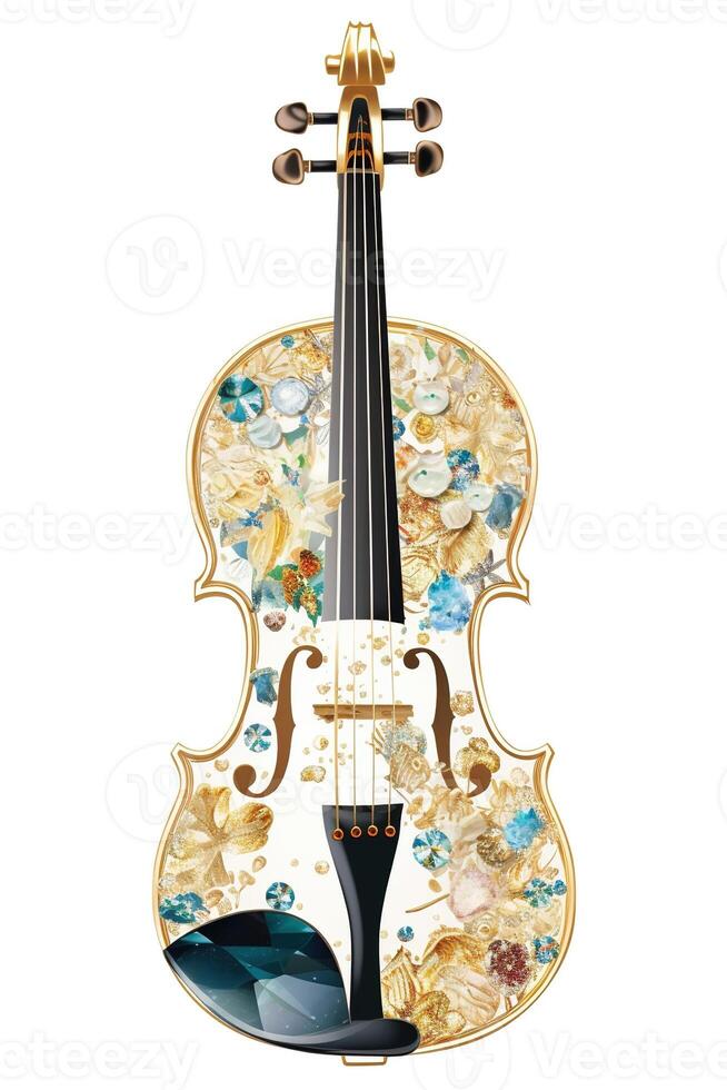 generativo ai, hermosa musical instrumento violín, broche, ópalo Roca y dorado color paleta aislado en blanco antecedentes. bisutería, joyería cerca arriba foto