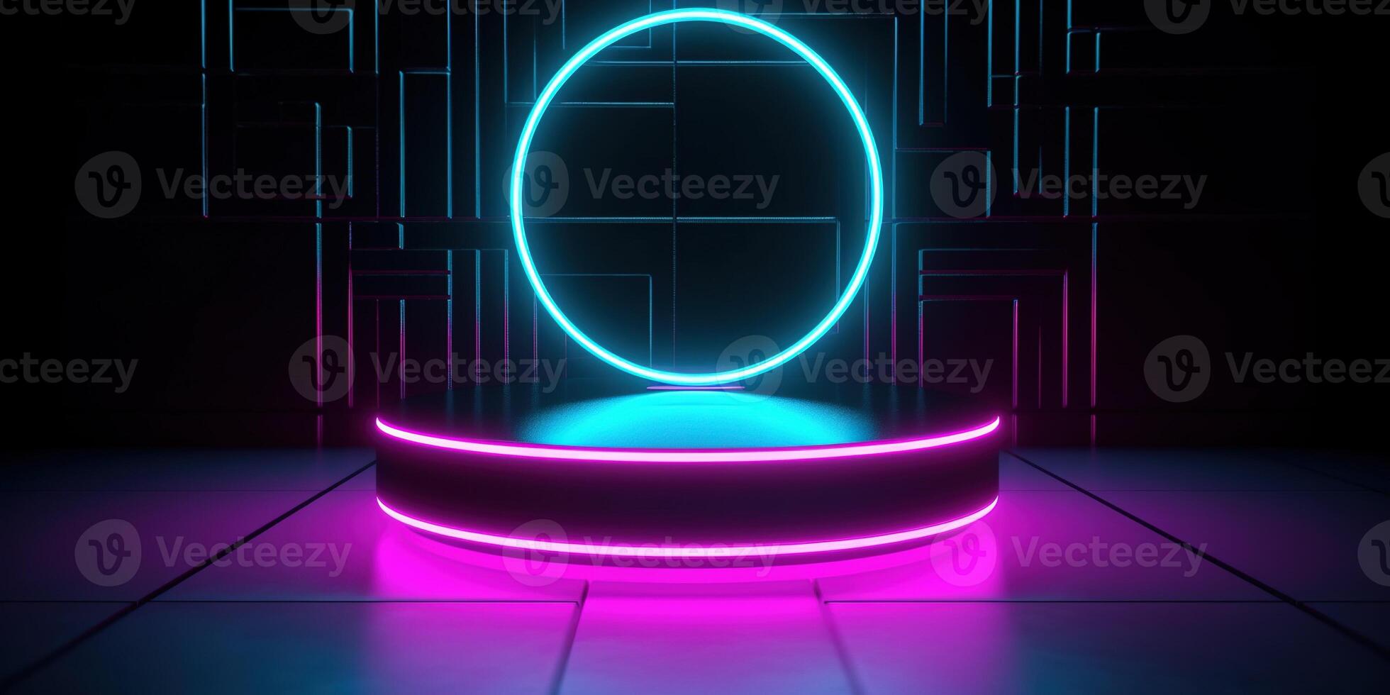 , Sci-Fi Futuristic neon glowing banner with podium. Abstract cyberpunk background for promotion goods. Mockup template photo