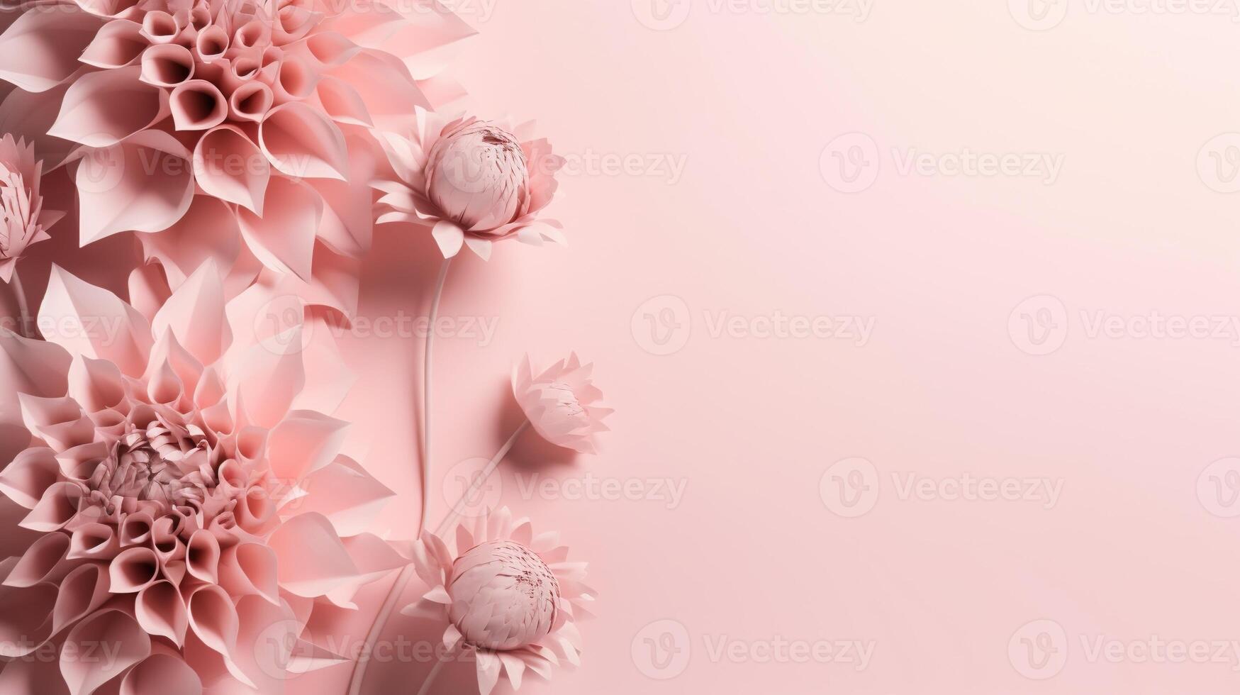 , Paper cut craft flowers and leaves, light pink color, floral origami textured background, spring mood. Photorealistic effect. photo
