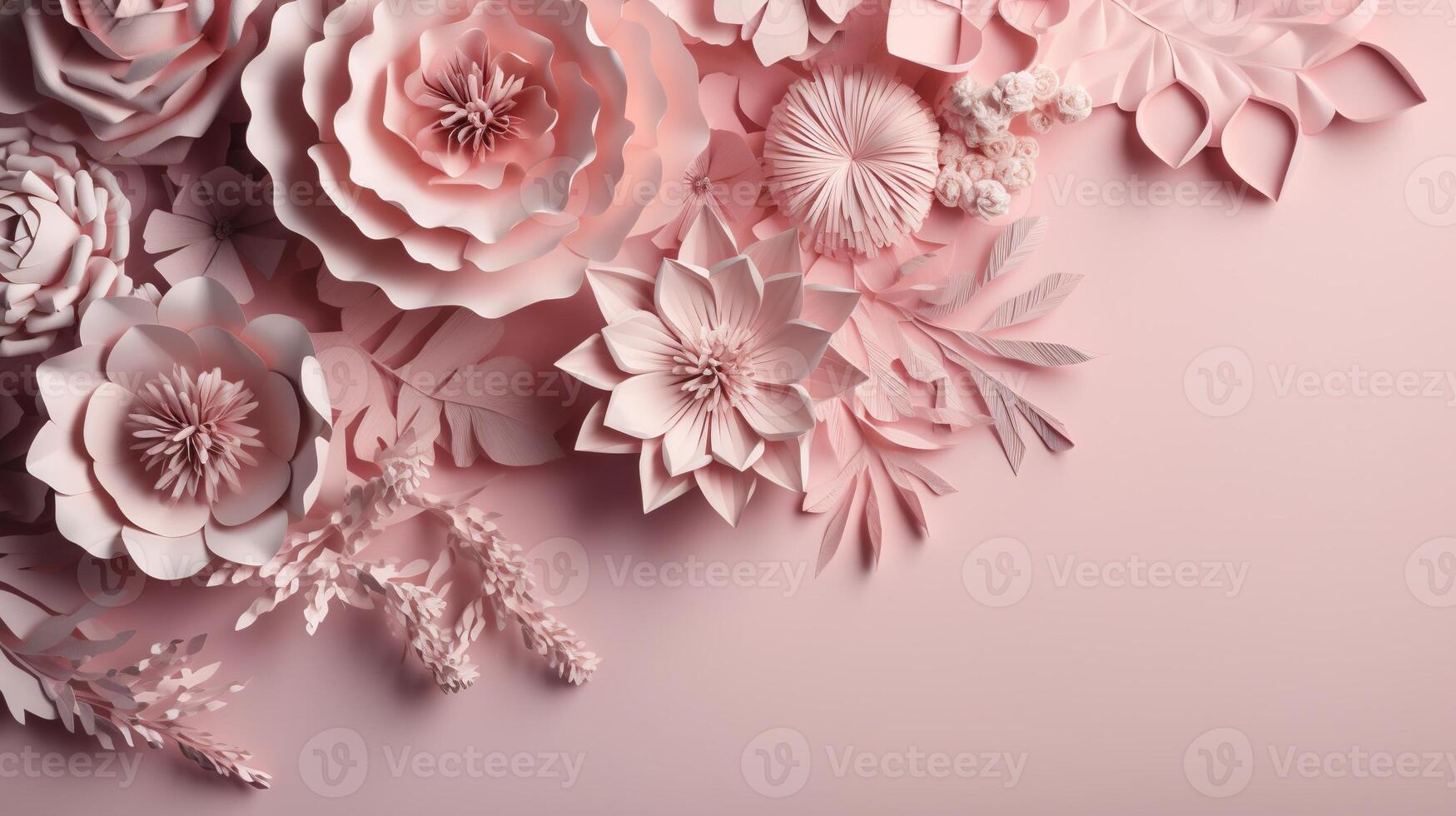 , Paper cut craft flowers and leaves, light pink color, floral origami textured background, spring mood. Photorealistic effect. photo