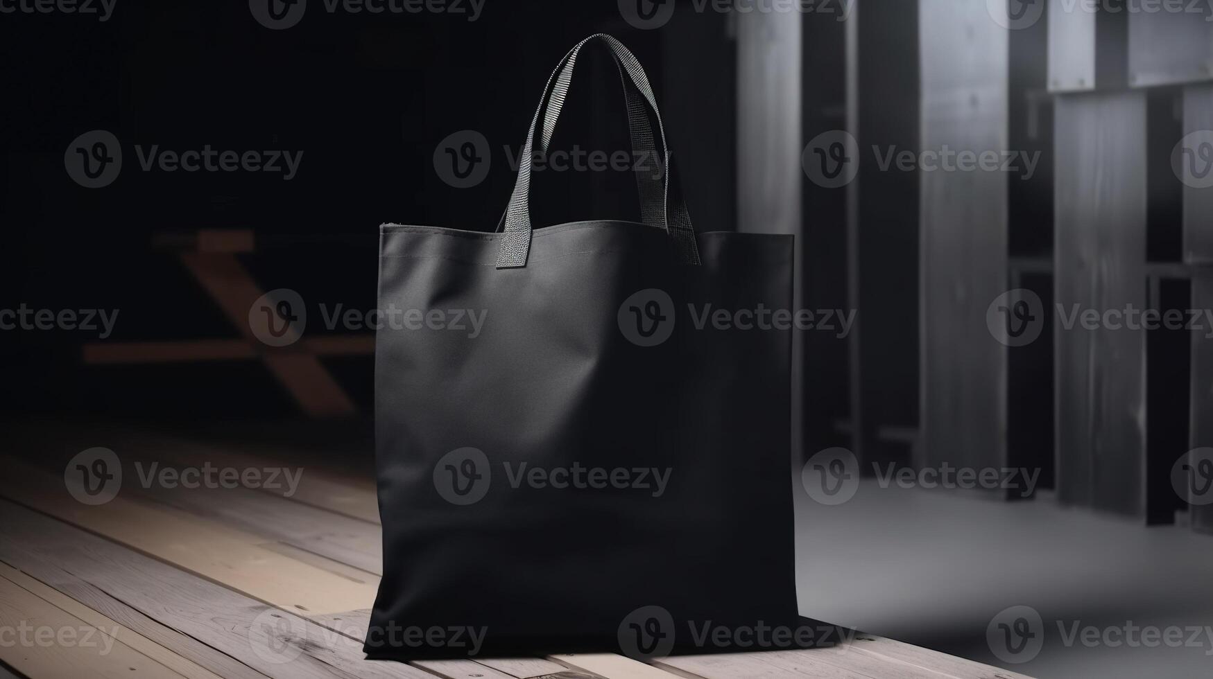 , Realistic black tote canvas fabric bag set-up in at interior or outdoor, shopper mock up blank. photo