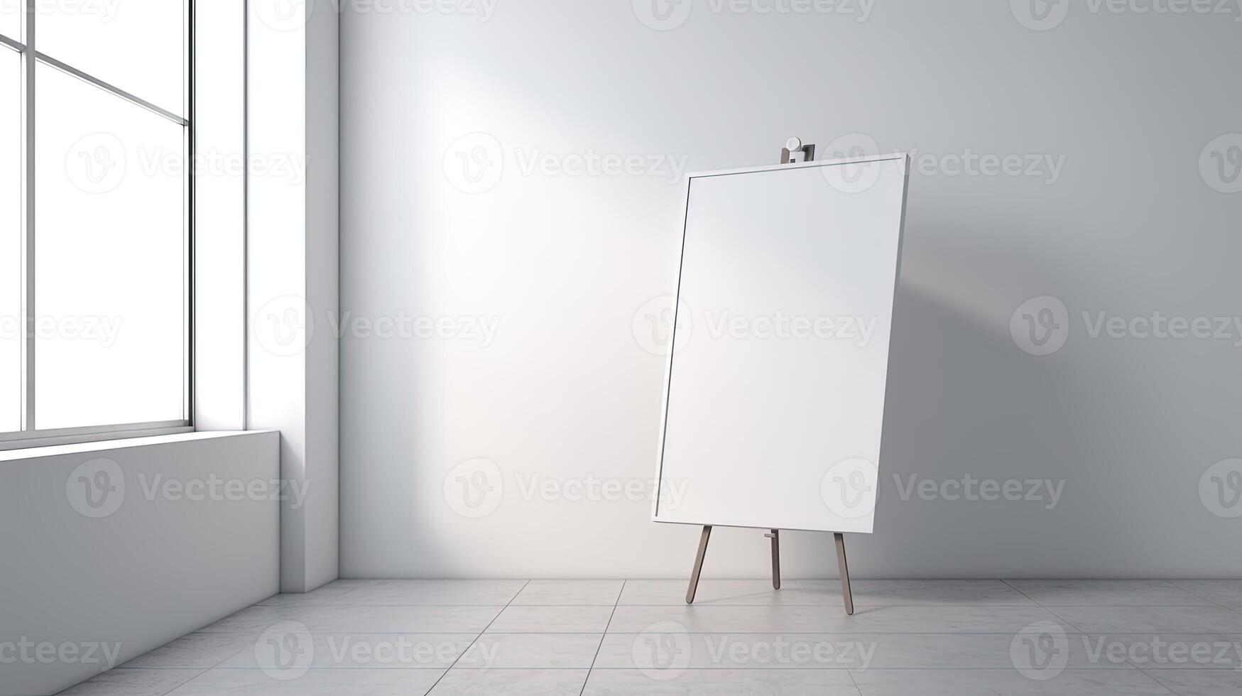 , Realistic white poster mock up blank on minimalistic background, artwork template photo