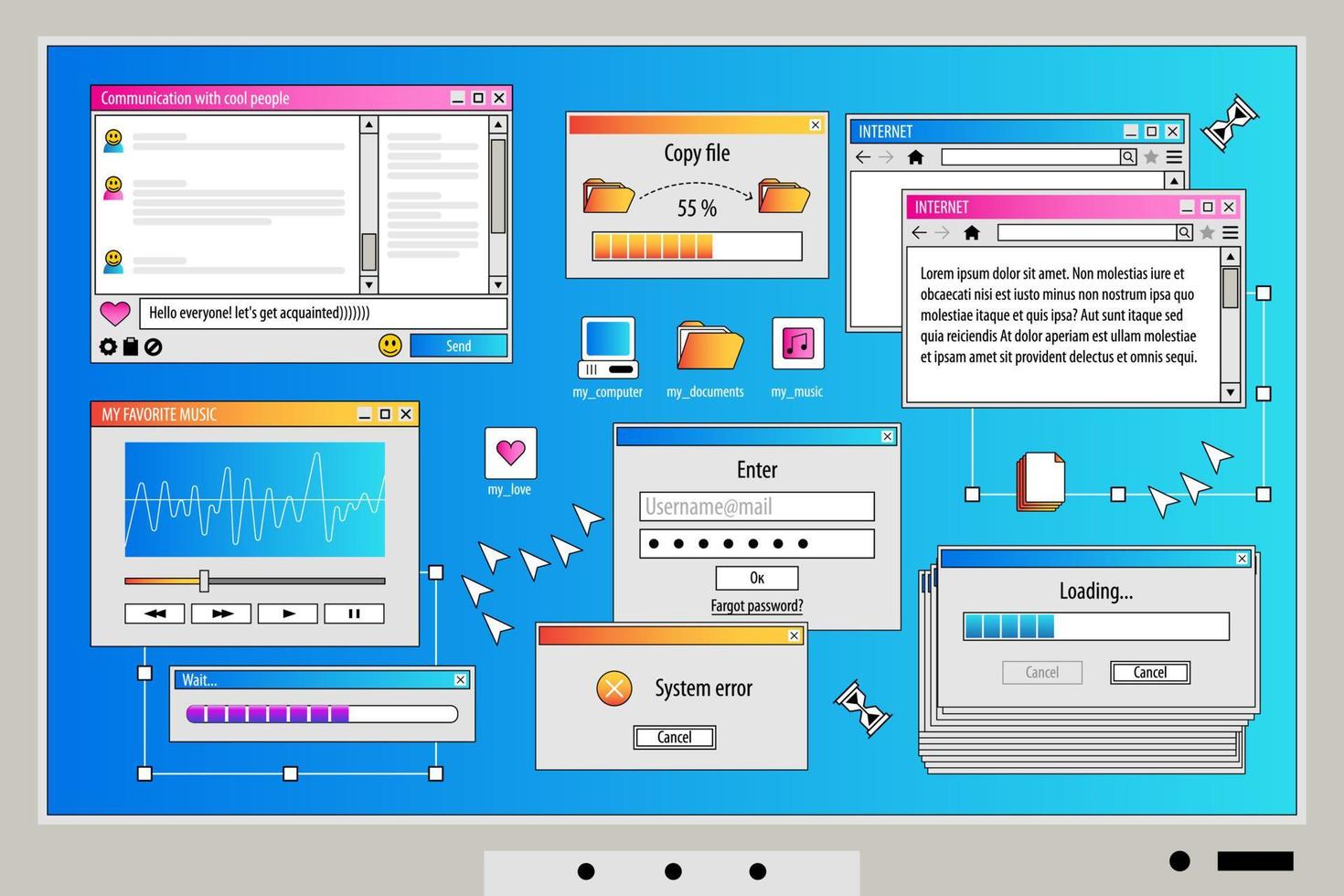 The screen of an old retro PC in the y2k style. Retro wave and vaporwave background. Bright vintage computer interface vector