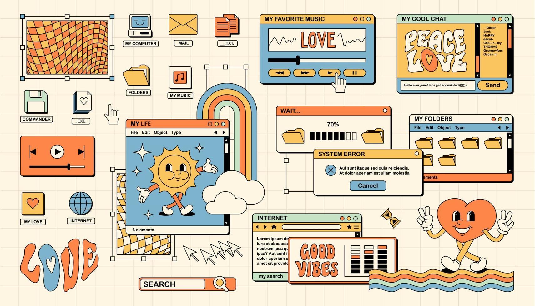 The screen of an old retro PC in the y2k style. Retro wave and vaporwave background. Bright vintage computer interface vector