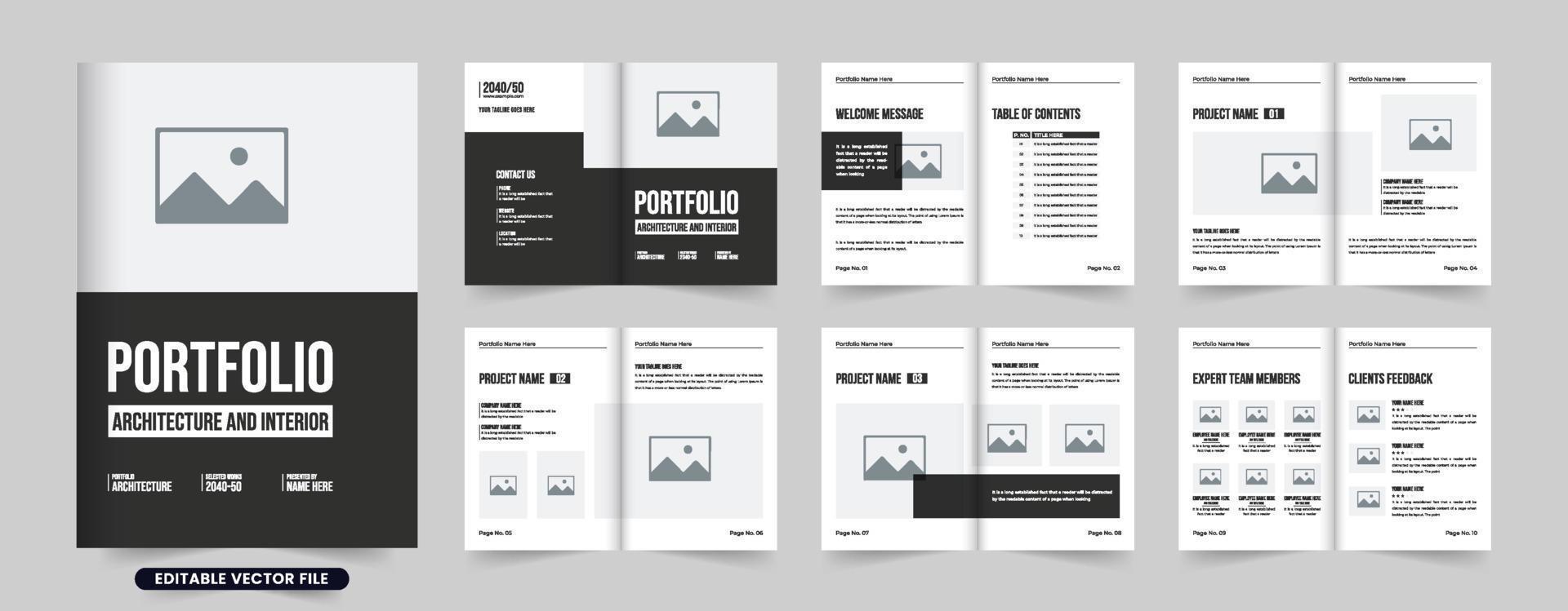 Architect project catalog and business promotional brochure design. Architecture booklet and magazine interior template vector with black and white colors. Modern real estate and architect portfolio.