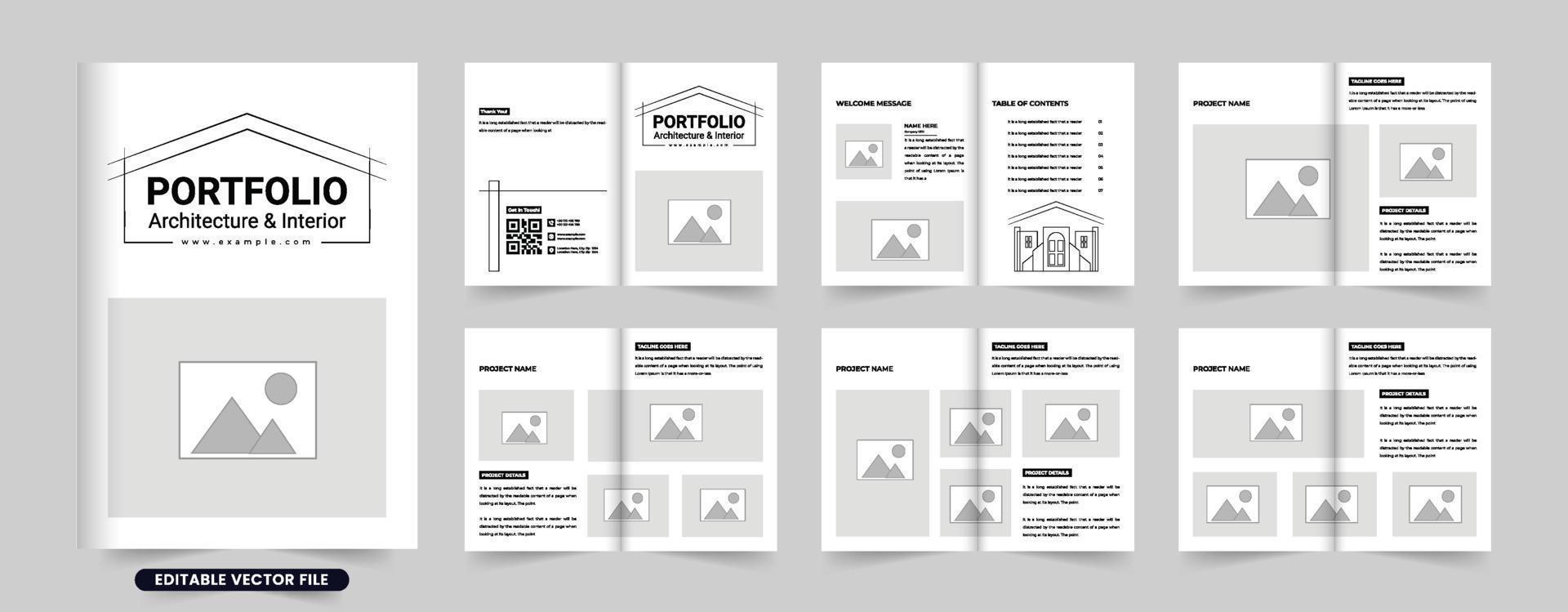 Simple architecture portfolio interior booklet vector with dark colors. Real estate architect profile brochure template design with photo placeholders. The architecture project magazine for marketing.