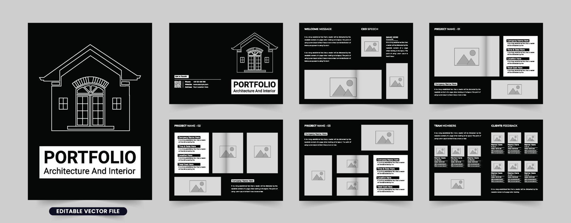 Real estate architect portfolio design with project catalogs. Architecture business profile magazine and template vector with dark colors. Architecture promotional booklet with photo placeholders.
