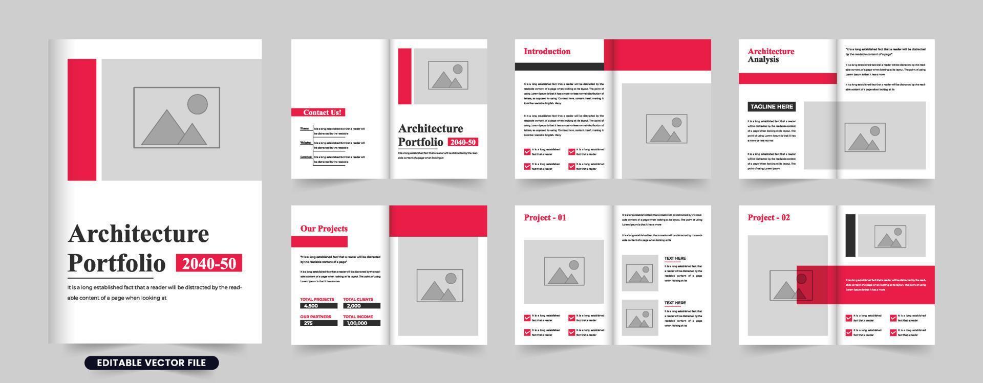 Modern architecture business promotional brochure template vector with dark and red colors. Real estate architect portfolio booklet vector with photo placeholders. Architecture business profile design