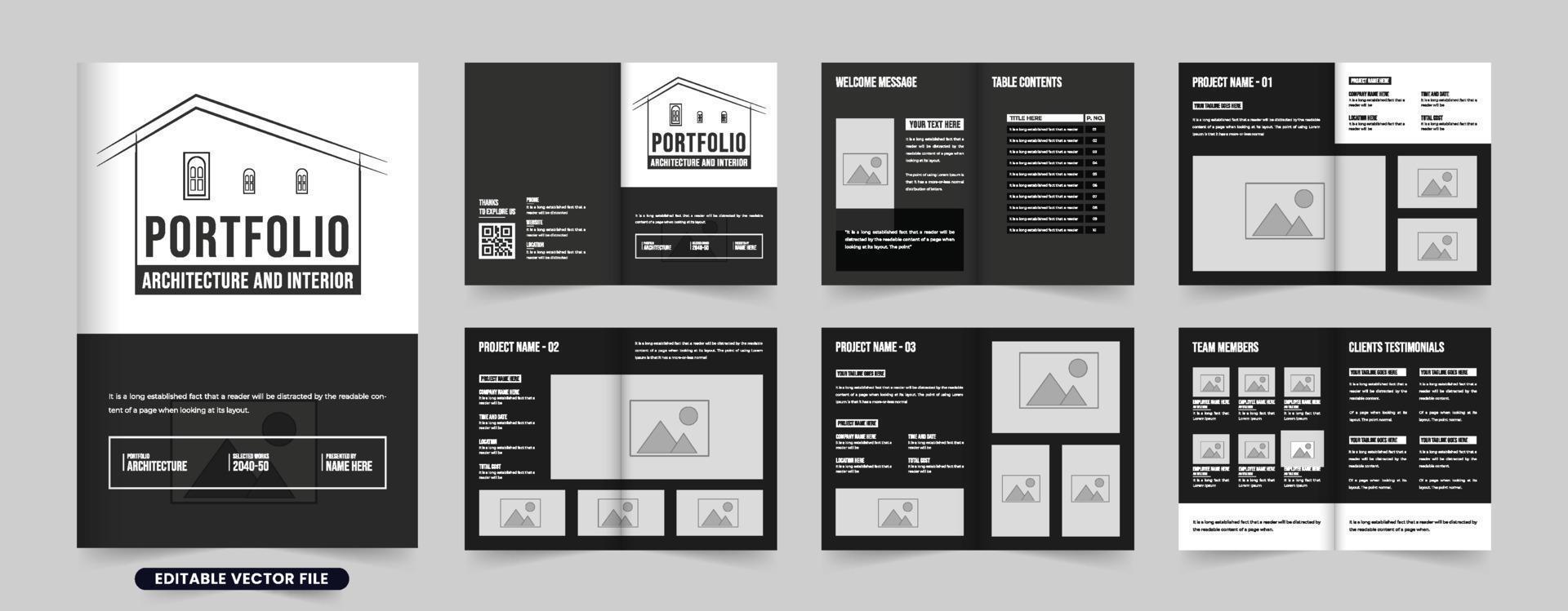 Architecture portfolio and magazine layout vector with photo placeholders. Real estate business booklet design with black and white colors. Architect profile and project catalog vector.