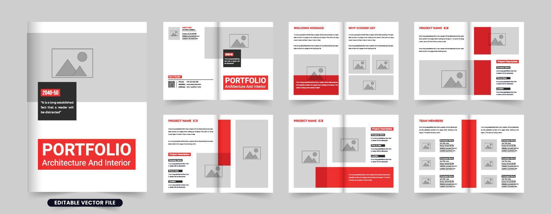 Architect profile and project overview booklet vector for marketing. Real estate architecture business magazine template with photo placeholders. Architecture brochure design with red and dark colors.