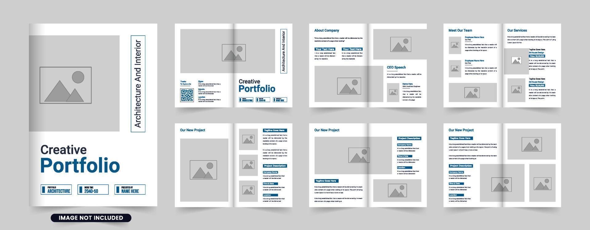 Architecture portfolio and business promotion magazine template vector. Architect profile booklet design with dark and blue colors. Modern real estate architecture brochure with photo placeholders. vector