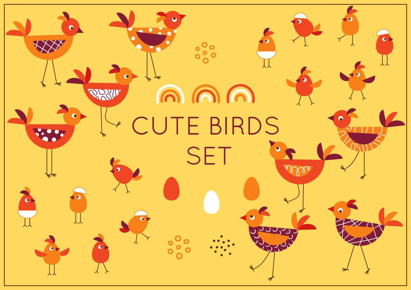 Set of cute cartoon birds, chicks with rainbow, eggs, dots. Simple geometric style. Vector design elements.