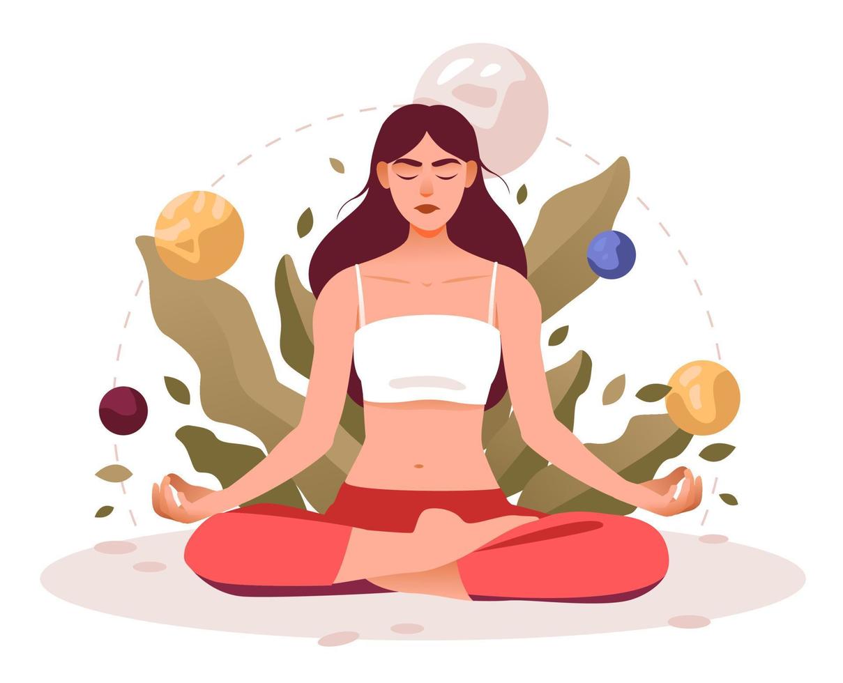 mujer práctica yoga y meditación. práctica meditación. el concepto de zen y armonía. mental salud. vector