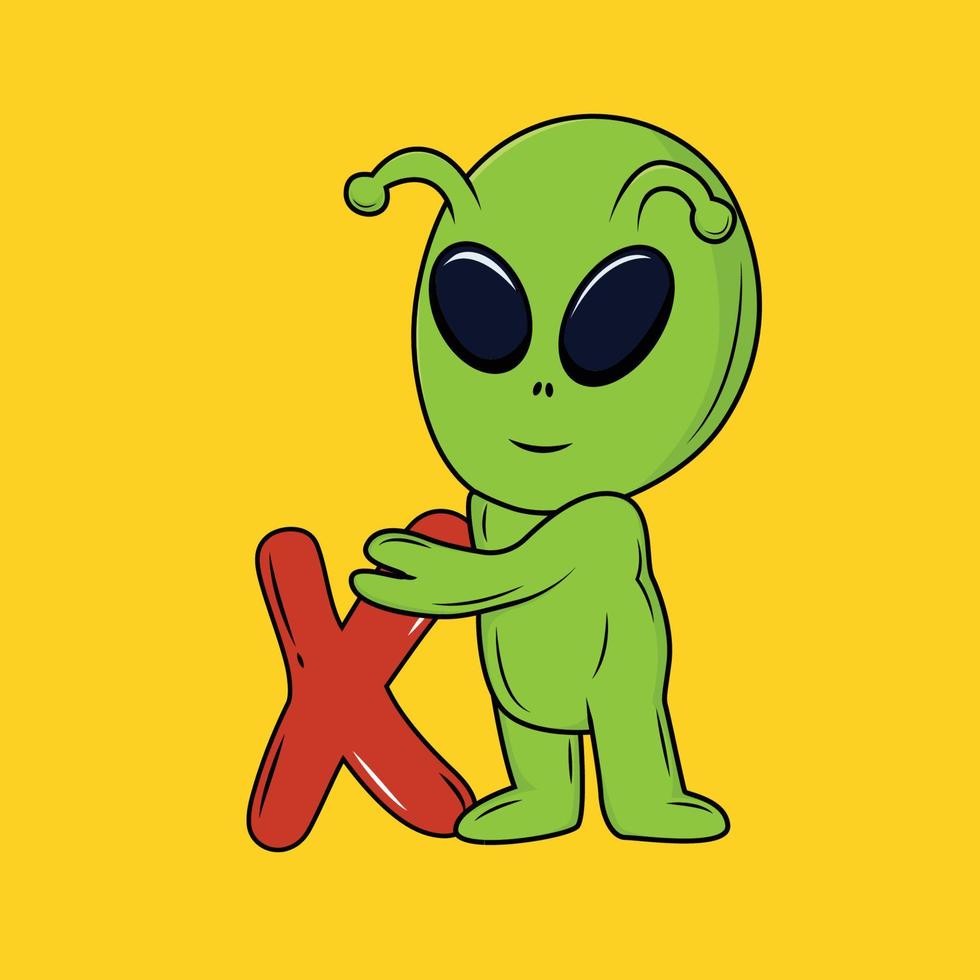 Cute Alien with X Letter Cartoon Sticker vector illustration