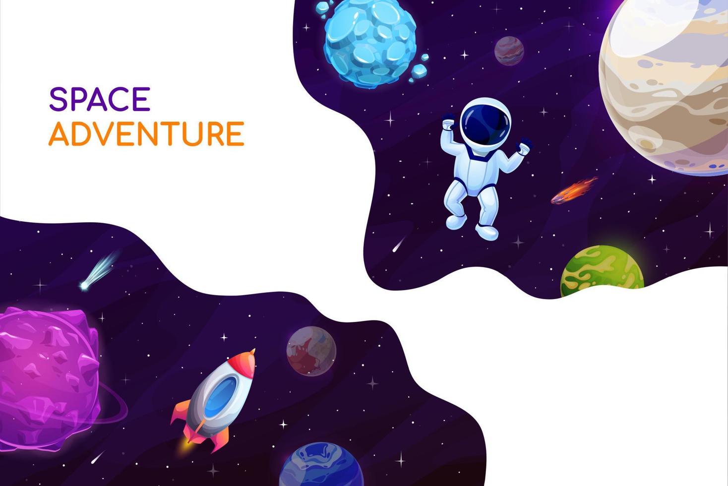 Astronaut in outer space, cartoon galaxy landscape vector
