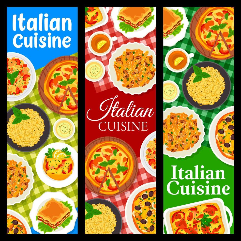 Italian cuisine banners, pasta, pizza and risotto vector