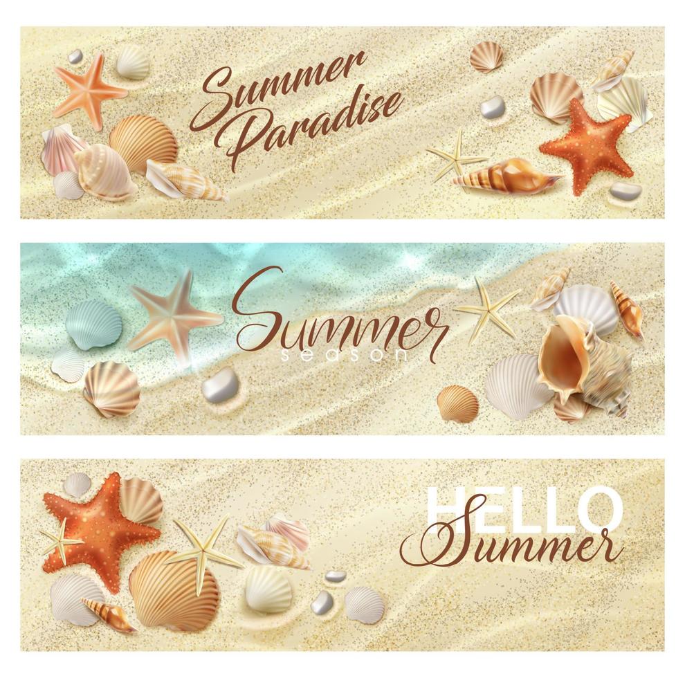 realista verano playa playa, parte superior ver pancartas vector