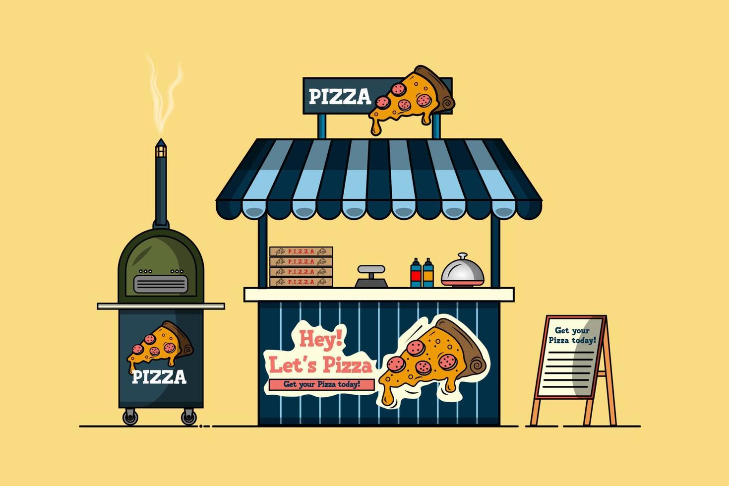 Flat carton style outdoor pizza kiosk vector